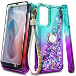 WDHD Compatible with Motorola Moto G-Play-2024 Case Aqua/Purple | Glitter Bling Sparkly Floating Liquid Cute Phone Cover with Tempered Glass Screen Protector/Ring Holder/Diamond Wrist Strap Lanyard