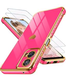 for Motorola Moto-G-5G-2024 Case with 2X Screen Protector,Girl Women Cute Girly Love-Heart Luxury Gold Soft Cover Camera Protection Bumper Silicone Shockproof Phone Case for Moto G 5G 2024(Hot Pink)