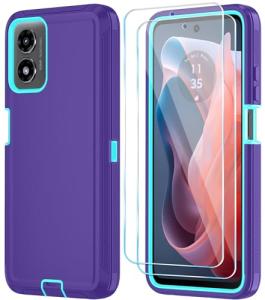 Qinmay Phone Case for Motorola Moto G Play 2024 4G Case with HD Screen Protector, Heavy Duty Shockproof & Dropproof 3-Layer Cover Phone Case for Moto G Play 2024 (PurpleSkyBlue)