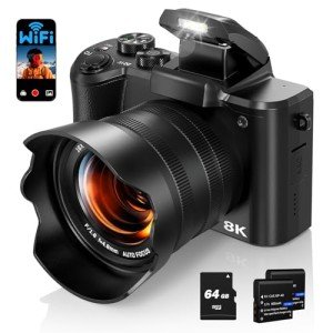 Fulealfly 8K Digital Camera for Photography, 88MP Autofocus WiFi Vlogging Camera for YouTube Video with Front and Rear Lens, Flash, Touch Screen, Lens Hood, 64GB Card, 2 Batteries(Black)