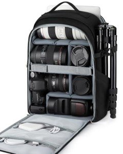 BAGSMART Camera Bag, DSLR SLR Camera Backpack Fits up to 15.6" Laptop, Camera Case for Photographers with Waterproof Rain Cover, Tripod Holder, Black