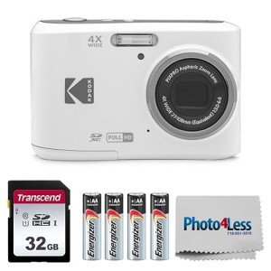 KODAK PIXPRO FZ45 16MP Digital Camera with 4X Optical Zoom 27mm Wide Angle and 2.7" LCD Screen Bundle with 32GB SD Memory Card, AA Batteries (4 Pack), Lens Cleaning Cloth (White)