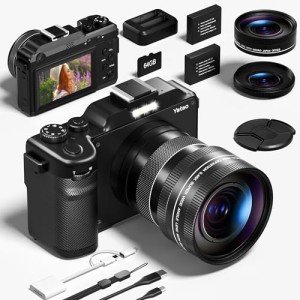 Yatao Digital Camera with WiFi, 4K 5K 64MP Photography Camera Kit for YouTube, Front and Rear Dual Camera for Convenient Selfie, Equipped with 64GB Micro Card, Wide & Macro Lens, Card Reader