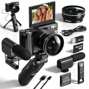48MP Digital Cameras for Photography, 4K Video/Vlogging Camera for Vloggers, Autofocus Flip Screen Cameras for Photography,Tripod Grip, Wide-Angle & Macro Lens, Mic, Batteries(NBD-V01