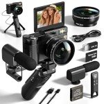 48MP Digital Cameras for Photography, 4K Video/Vlogging Camera for Vloggers, Autofocus Flip Screen Cameras for Photography,Tripod Grip, Wide-Angle & Macro Lens, Mic, Batteries（NBD-V01