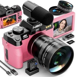 Digital Cameras for Photography,4K Vlogging Cameras for YouTube,Travel Point and Shoot Digital Cameras Fotograficas with 180°Flip Screen,16X Digital Zoom,52mm Macro Lens,2 Batteries(Pink)