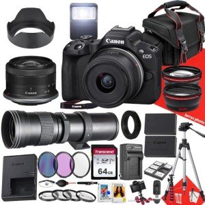 Canon EOS R50 Mirrorless Camera with 18-45mm and 420-800mm Lens + 64 GB Memory + Hood + Monopod + Filters + Tripod + More (30pc Bundle) (Renewed)