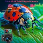4K Digital Camera for Photography, 64MP WiFi Autofocus Vlogging for YouTube With Super Wide-Angle & Macro Lens, 3" 180 Flip Screen, Video Compact Travel for Beginner, Black