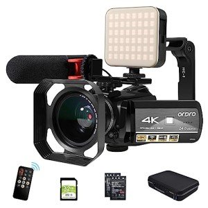 ORDRO 4K Video Camcorder AC3 30X Digital Zoom WiFi Night Vision Camera, 3.0'' IPS Screen Vlogging Camera for YouTube with Mic,Wide Angle Lens,LED Video Light, Handheld Holder, 64GB Card,Two Batteries