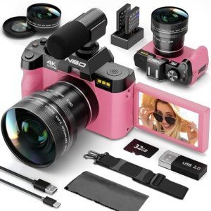 NBD 48MP Digital Cameras for Photography - 16X Zoom Travel Camera with 180° Flip Screen, 4K Vlogging Cameras Fotograficas for YouTube, Auto Focus, Macro Lens, 2 Batteries & 32GB SD Card(Pink)