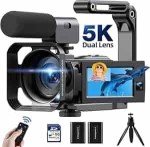 Video Camera Camcorder, 5K 56MP Dual Lens WiFi 3'' 270° Rotatable 16X Digital Zoom Touch Screen Vlogging Camera YouTube Podcast Cameras Recorder with 64GB SD Card, Microphone, Remote Control, Tripod