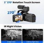 Video Camera Camcorder, 5K 56MP Dual Lens WiFi 3'' 270° Rotatable 16X Digital Zoom Touch Screen Vlogging Camera YouTube Podcast Cameras Recorder with 64GB SD Card, Microphone, Remote Control, Tripod