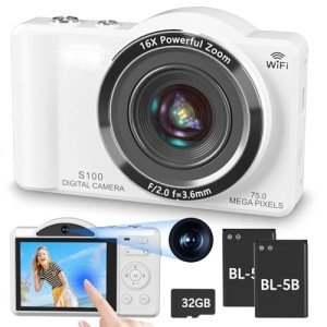 Digital Camera for Photography - WiFi 4K 75MP Vlogging Cameras for YouTube, Touchscreen Autofocus Point and Shoot Digital Camera for Teens Adult Beginner with 16X Zoom, 32GB Card, 2 Batteries(White)
