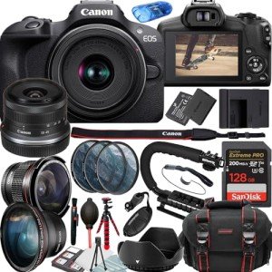 Canon EOS R100 Mirrorless Camera with 18-45mm Lense Video Kit + Filters + Case + 128GB Memory Card + U-Shape Camera Grip + Accessory Bundle (25PC) (Renewed)