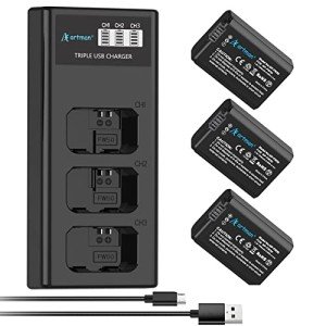 Artman NP-FW50 Battery 3-Pack and Upgraded 3-Slot ZV-E10 Battery LCD Charger for Sony ZV E10, Alpha A6500 A6400 A6300 A6000 A5100 A5000, A7S II, A7S, A7R II, A7R, A7 II, A7, RX10 II III IV Cameras