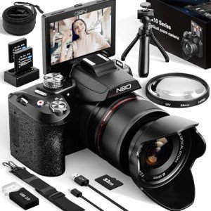 NBD 64MP Digital Cameras for Photography,5K Vlogging Cameras for YouTube,16X Optical Zoom Travel Point and Shoot Digital Cameras Fotograficas with 180°Flip Screen,58mm UV Lens,2 Batteries(Black)