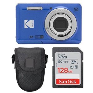 Kodak PIXPRO FZ55 Digital Camera (Blue) + Point & Shoot Camera Case + Sandisk 128GB SDXC Memory Card