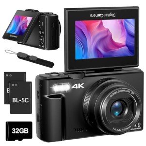 Cameras for Photography, 4K 64MP Digital Vlogging Camera for YouTube with 3" 180° Flip Screen, Compact WiFi Camera with 18X Digital Zoom, 32GB Micro SD Card & 2 Batteries