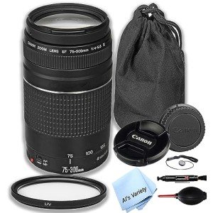 Canon EF 75-300mm f/4-5.6 III Telephoto Lens,UV Filter,Lens Pouch,Hood and More (9pc) (Renewed)