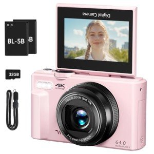 4K Digital Camera for Photography, 64MP Vlogging Camera for YouTube with 3" 180° Flip Screen, 18X Digital Zoom Point and Shoot Camara with 32GB Micro SD Card for Beginner (Pink)