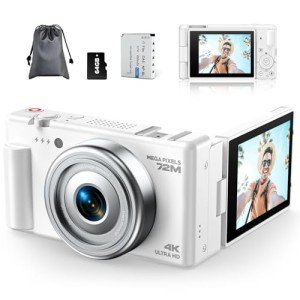 4K Digital Camera for Photography, 72MP Vlogging Camera for YouTube, Autofocus Digital Cameras with 270° Flip Screen, 18X Digital Zoom Point and Shoot Cameras with 64GB TF Card & Battery, Carry Bag