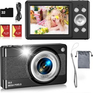 Digital Camera- 56MP FHD 1080P Camera for Kids, Point and Shoot with 16X Zoom Anti Shake, Kid Camera with 32GB TF Card, Two Batteries, Lanyard, Compact Portable Camera for Kids Teens Beginners(Black