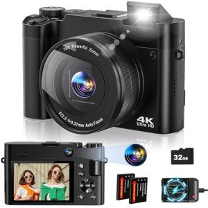 Aasonida 4K Digital Camera, 64MP Dual-Lens Vlogging Camera for Photography and Video 30FPS, Autofocus Anti-Shake, Selfie YouTube Camera, Digital Camera with Flash Dial 16X Zoom Charging Stand