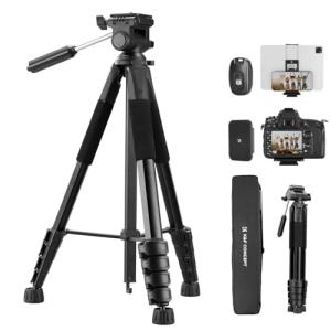 K&F Concept Camera Tripod, 75" Lightweight Portable Travel Outdoor DSLR Tripods for Camera Phone Video Recording Tripod Stand, Cellphone Clip for Smartphone Live Streaming Vlog, Black