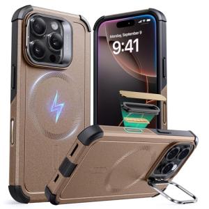 ESR for iPhone 16 Pro Case with Stash Stand, Camera Control, 23FT Military-Grade Shock-Absorbing Drop Protection, Compatible with MagSafe Accessories, Magnetic Cyber Series, Gold