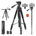 NEEWER Basic 74" Video Tripod Monopod, 3 Way Pan Tilt Head, Remote, Overhead Camera Mount, Horizontal Central Axis, Phone Holder Compatible with iPhone DSLR Telescope Projector, Max Load 17.6lb, TP05