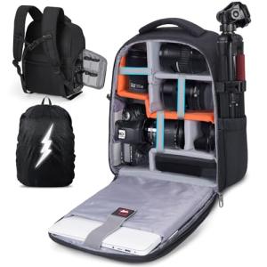 RAINSMORE Camera Backpack Camera Bag for DSLR/SLR Mirrorless 14 Inch Laptop Camera Backpack for Photographers Anti-theft Photography Bag with Rain Cover, Tripod Holder, Black