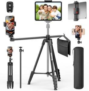 70" Phone Tripod & Selfie Stick, Horizontal Overhead Tripod, Extendable Camera Cell Phone Tripod Stand with Wireless Remote and Phone Holder for Filming Video Recording Live Stream
