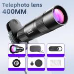 Andoer 400MM Phone Telephoto Lens for Smarphone Zoom Lens with Universal Lens Clip Cleaning Cloth Storage Bag for Hiking Camping Wildlife Observation Moon Sports Game Concert Watching