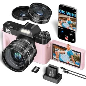 VJIANGER 2025 Upgrade 6K Digital Camera for Photography 64MP Vlogging Camera for YouTube with WiFi, 180°Flip Screen, 16X Digital Zoom, 52mm Lens, 32GB Micro SD Card, 2 Batteries(Pink)