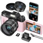 VJIANGER 2025 Upgrade 6K Digital Camera for Photography 64MP Vlogging Camera for YouTube with WiFi, 180°Flip Screen, 16X Digital Zoom, 52mm Lens, 32GB Micro SD Card, 2 Batteries(Pink)