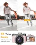VJIANGER 2025 Upgrade 6K Digital Camera for Photography 64MP Vlogging Camera for YouTube with WiFi, 180°Flip Screen, 16X Digital Zoom, 52mm Lens, 32GB Micro SD Card, 2 Batteries(Pink)