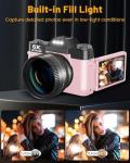 VJIANGER 2025 Upgrade 6K Digital Camera for Photography 64MP Vlogging Camera for YouTube with WiFi, 180°Flip Screen, 16X Digital Zoom, 52mm Lens, 32GB Micro SD Card, 2 Batteries(Pink)