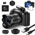 8K 64MP Digital Camera for Photography, Vlogging Camera with Autofocus, WiFi, 4 Inch Touchscreen, 16X Digital Zoom, 3000mAh Battery, Dual-Lens, Lens Hood, 32GB TF Card and Flash,Black