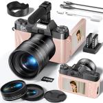 FLATIC Cameras for Photography, 6K 64MP Digital Camera with WiFi & Microphone for Youtuber, Vlogging Camera with 180°Flip Screen, 64GB Card, 2 Batteries, Macro & Wide-Angle Lens, Card Reader