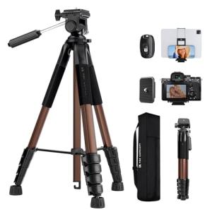 K&F CONCEPT Camera Tripod, 75" Lightweight Portable Travel Outdoor DSLR Tripods for Camera Phone Video Recording Tripod Stand, Cellphone Clip for Smartphone Live Streaming Vlog (Bronze Gold, 75'')