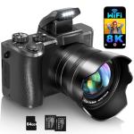 IGXHAVIZ 8K Digital Cameras for Photography Autofocus, WiFi 88MP Vlogging Camera with Dual-Lens, Flash, 16X Digital Zoom, Touch Screen, Travel Camera Anti-Shake with Lens Hood, 64GB Card,2 Batteries