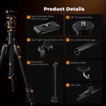 K&F CONCEPT 70" Camera Tripod, Lightweight Travel Tripods for Camera with 360 Degree Ball Head Load Capacity 17.6lbs, Cellphone Clip for Smartphone Live Streaming Vlog K234A3+BH-36