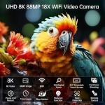 8K Video Camera Camcorder 88MP UHD WiFi Vlogging Cameras for YouTube 18X Digital Zoom IR Night Vision 3.0''Touch Screen Camera with 32GB Card, Microphone, Stabilizer, Lens Hood, Remote, Batteries
