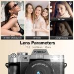 NBD 5K Digital Cameras for Photography - 16X Zoom Travel Camera with 180° Flip Screen, 64MP Vlogging Cameras Fotograficas for YouTube, Auto Focus, Macro Lens, 2 Batteries & 32GB TF Card（Silver）