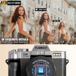 NBD 5K Digital Cameras for Photography - 16X Zoom Travel Camera with 180° Flip Screen, 64MP Vlogging Cameras Fotograficas for YouTube, Auto Focus, Macro Lens, 2 Batteries & 32GB TF Card（Silver）