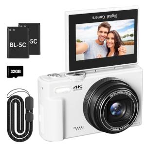 4K Digital Camera for Photography, 64MP Vlogging Camera for YouTube with 3" 180° Flip Screen, 18X Digital Zoom Point and Shoot Camara with 32GB Micro SD Card for Beginner (White)