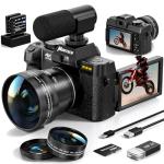 4K Digital Cameras for Photography, 48 MP Vlogging Camera for YouTube with 180° Flip Screen,16X Digital Zoom,Flash & Autofocus,52mm Wide Angle & Macro Lens,2 Batteries,32GB SD Card