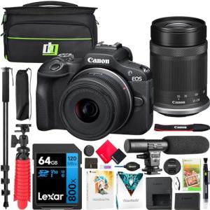 Canon EOS R100 Mirrorless Camera Body with 2 Lens Kit RF-S 18-45mm is STM and RF-S 55-210mm is STM Bundle with Deco Gear Photography Bag + Microphone + Monopod + Software & Accessories Kit