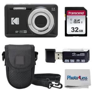 KODAK PIXPRO FZ55 16MP Digital Point & Shoot Camera, 5X Optical Zoom, 28mm Wide Angle, 1080P Full HD Video, Bundle with 32GB SD Card, Protective Case, and Hi-Speed Card Reader (Black)