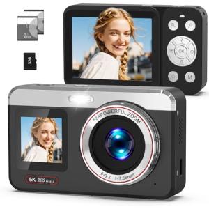 Hoorola Digital Camera, 5K Vlogging Camera for Photography, 80MP Dual Screen Point and Shoot Digital Camera with Auto Focus, 18X Zoom, Flash, 2 Batteries, 32GB Card for Teens and Adults (Black)